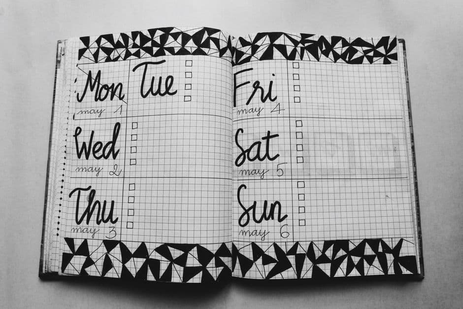 A hand-drawn weekly planner spread with geometric patterns