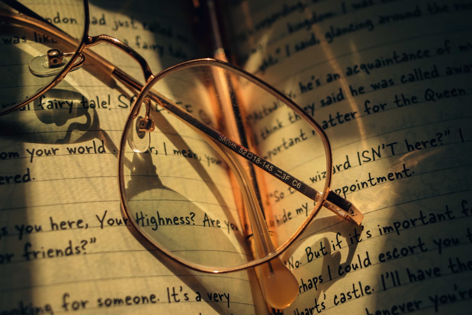 An open journal filled with handwriting in warm light